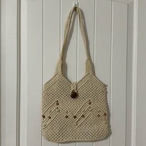 Macrame chic cream boho Handbag with wooden button